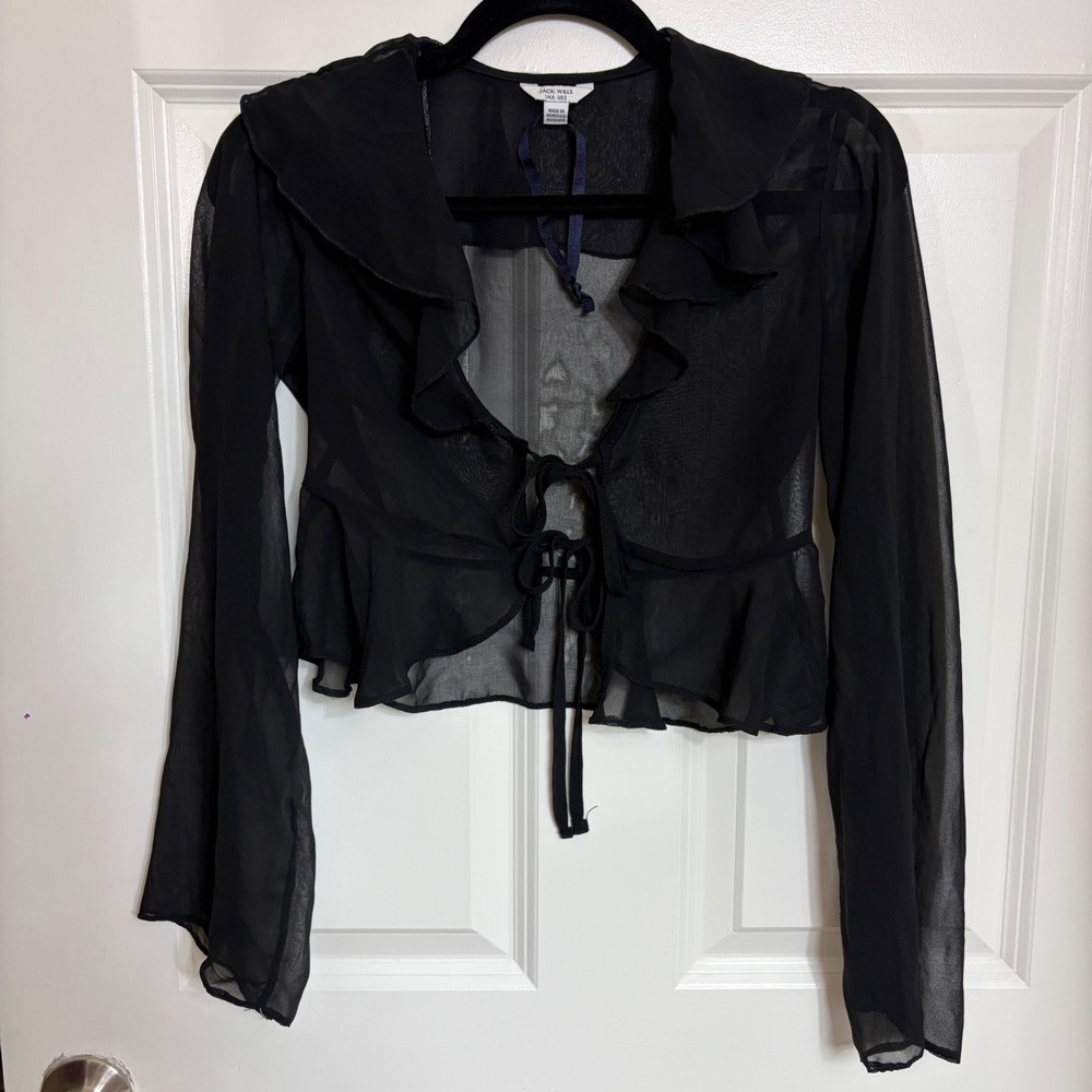 Jack Wills Black Sheer Chiffon Tie Front Ruffle Crop Top Blouse US 2 UK 6